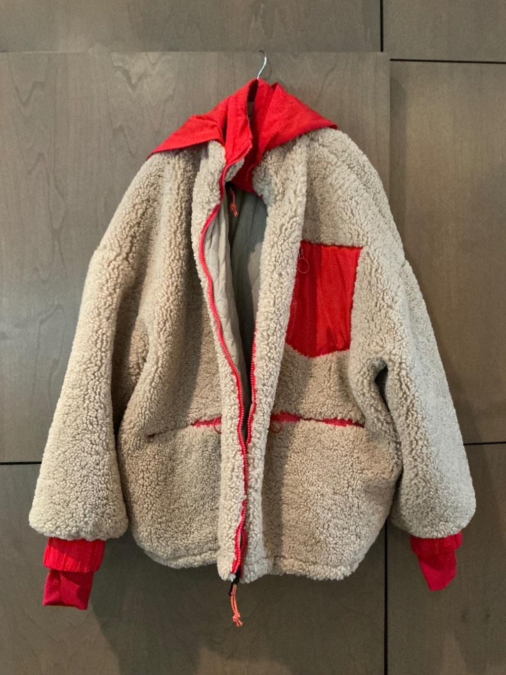 Zara Cream Red Sherpa Fleece Hooded Jacket Color Block Cozy